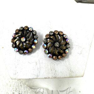 Vintage Rhinestone Clip-On Earrings Swirl Design With Multicolor Crystals Circul